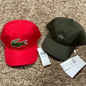 Two NWT Lacoste hats OSFA adjustable fit olive and red colors croc logo